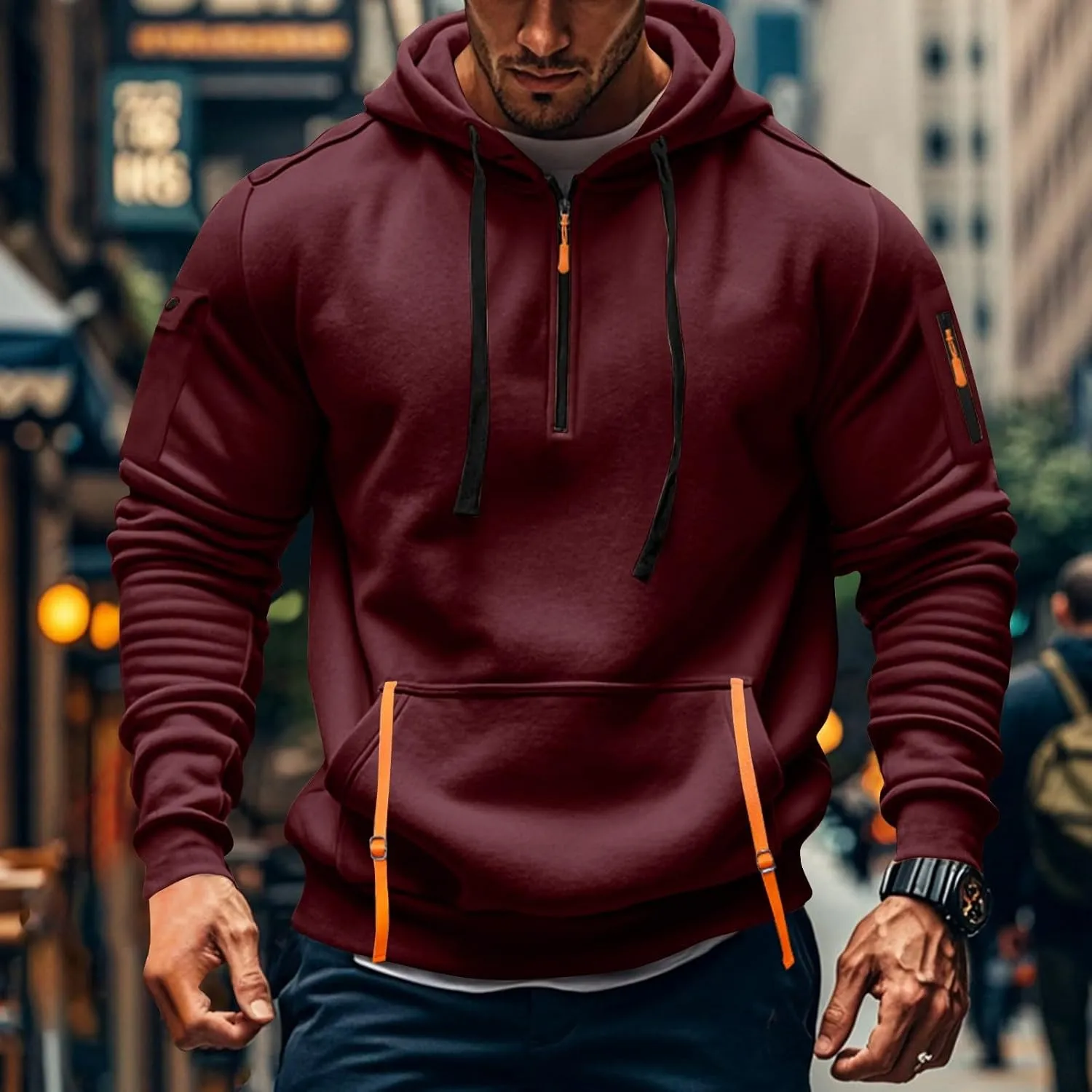 Mens Tactical Hoodies Plus Size Vintage Quarter Zip Pullover Oversized Long Sleeve Tactical Shirt with Pockets