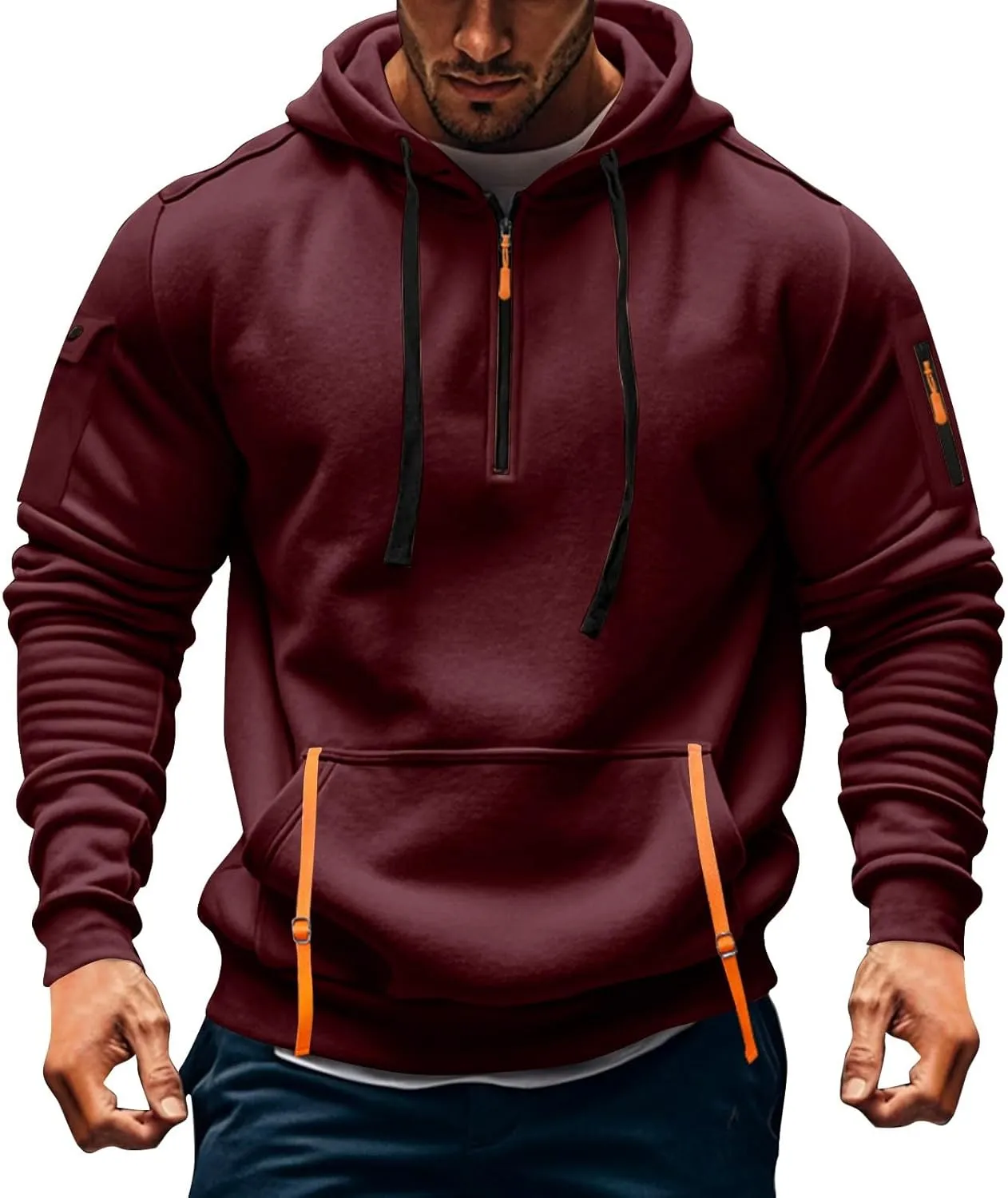 Mens Tactical Hoodies Plus Size Vintage Quarter Zip Pullover Oversized Long Sleeve Tactical Shirt with Pockets
