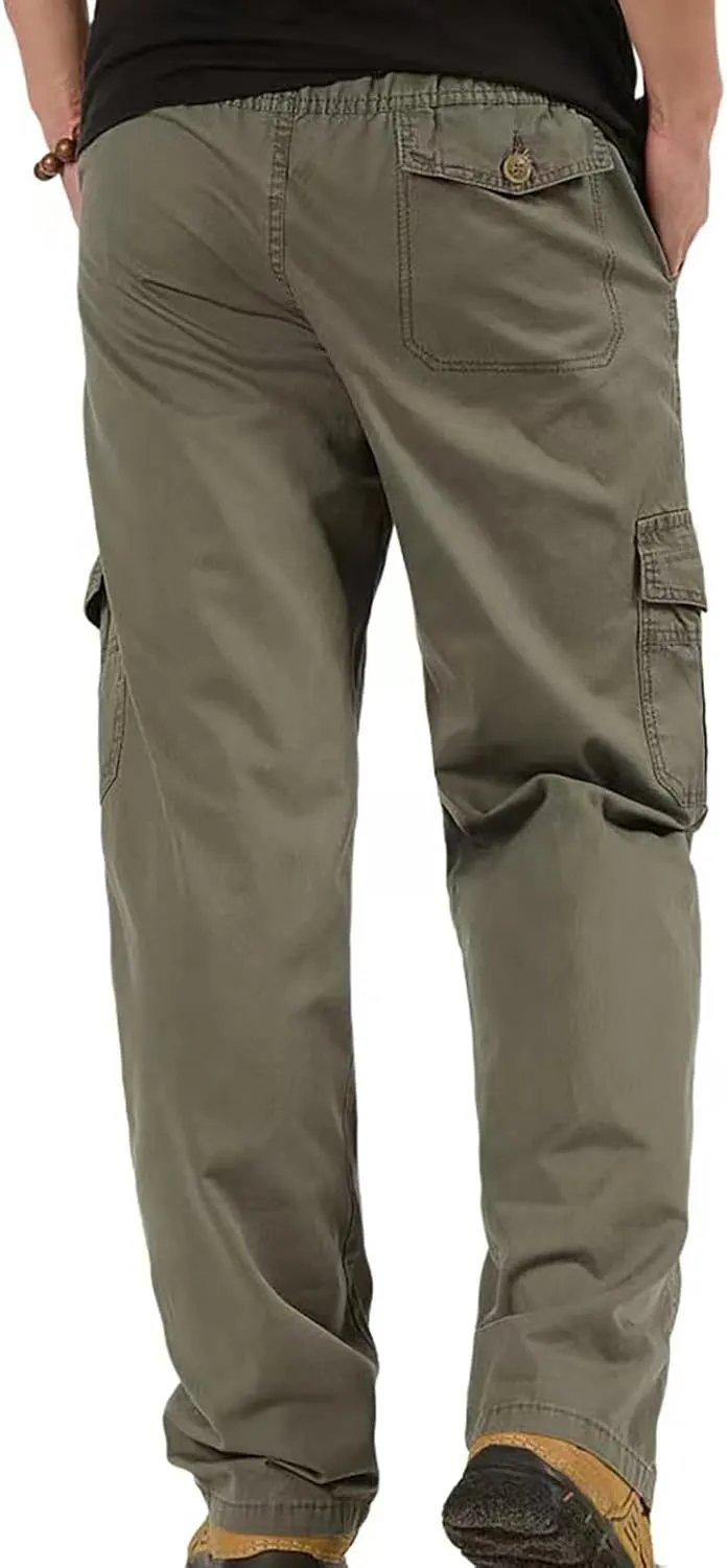 Men's Twill Relaxed Fit Cargo Pants Elastic Waist Cotton Casual Work Hiking Pants Tactical Military Pants with Multi Pockets