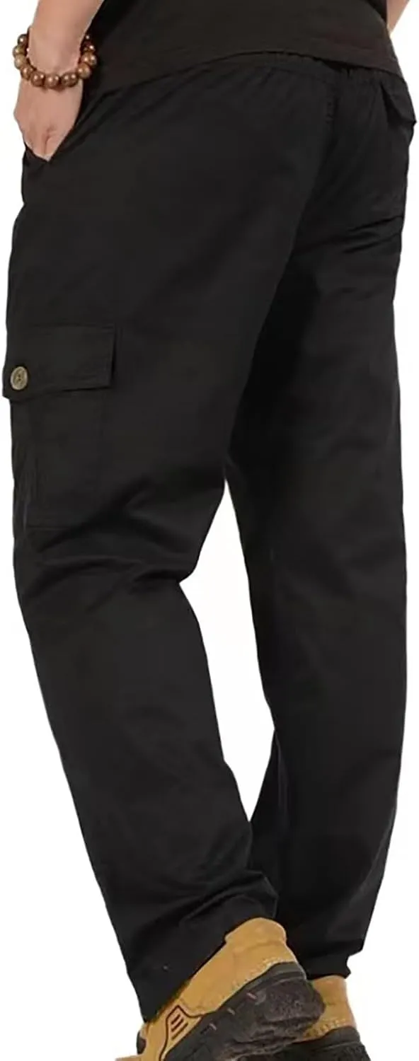 Men's Twill Relaxed Fit Cargo Pants Elastic Waist Cotton Casual Work Hiking Pants Tactical Military Pants with Multi Pockets