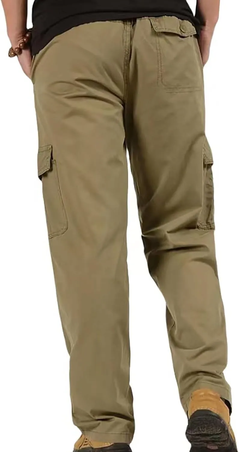 Men's Twill Relaxed Fit Cargo Pants Elastic Waist Cotton Casual Work Hiking Pants Tactical Military Pants with Multi Pockets