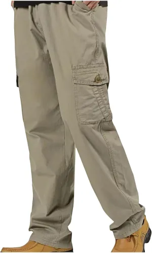 Men's Twill Relaxed Fit Cargo Pants Elastic Waist Cotton Casual Work Hiking Pants Tactical Military Pants with Multi Pockets