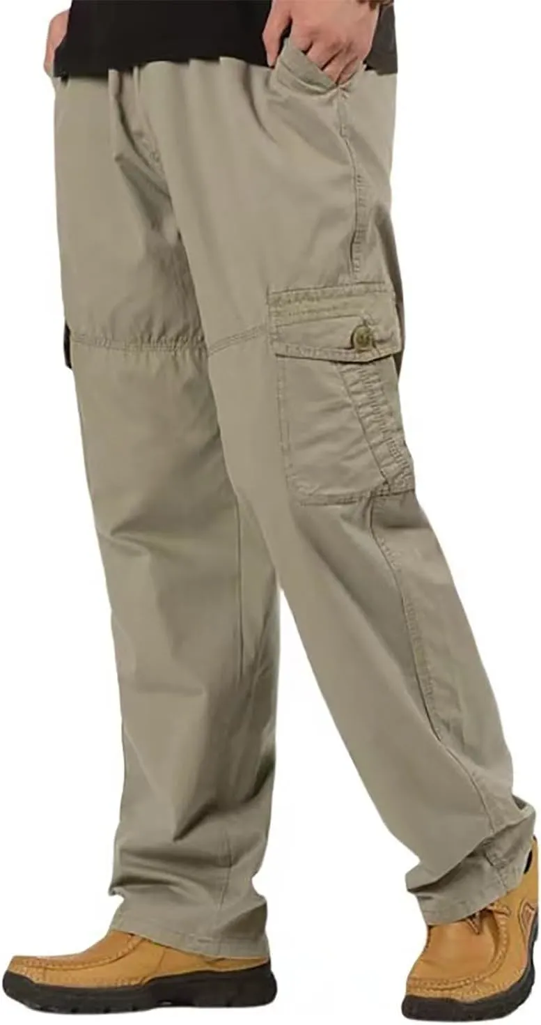 Men's Twill Relaxed Fit Cargo Pants Elastic Waist Cotton Casual Work Hiking Pants Tactical Military Pants with Multi Pockets
