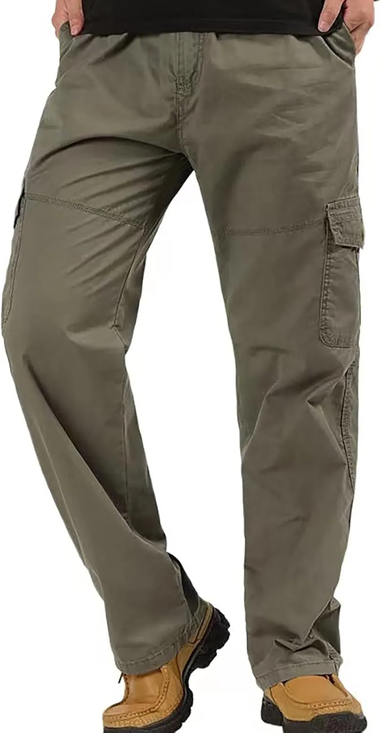 Men's Twill Relaxed Fit Cargo Pants Elastic Waist Cotton Casual Work Hiking Pants Tactical Military Pants with Multi Pockets