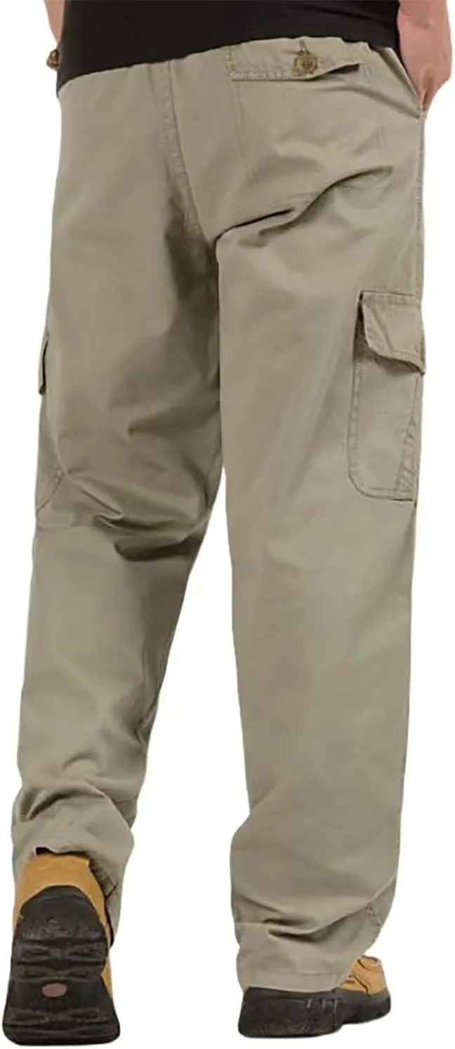 Men's Twill Relaxed Fit Cargo Pants Elastic Waist Cotton Casual Work Hiking Pants Tactical Military Pants with Multi Pockets