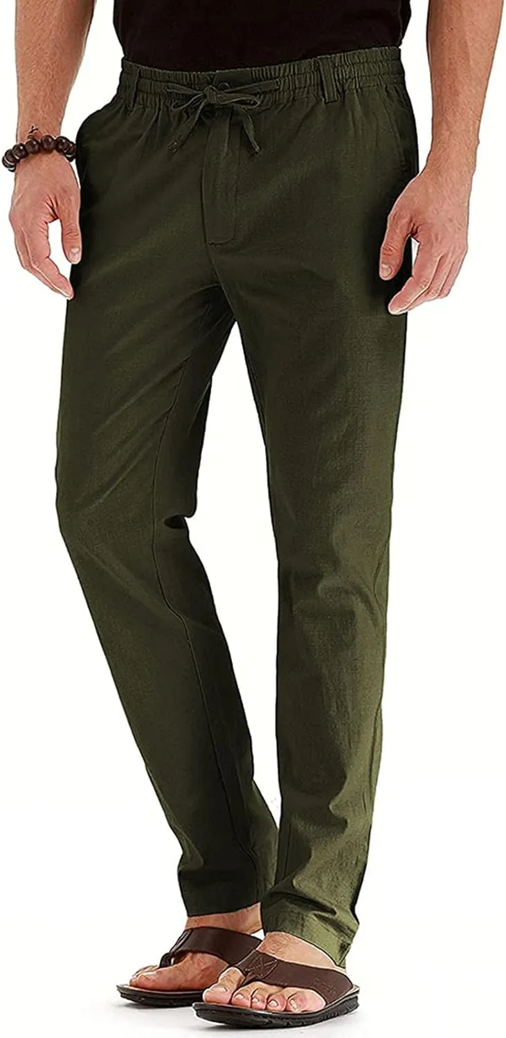 Mens Wild Cotton Pants, Classic Regular Fit Business Casual Work Pants, Elastic Drawstring Waist Twill Pants for Men