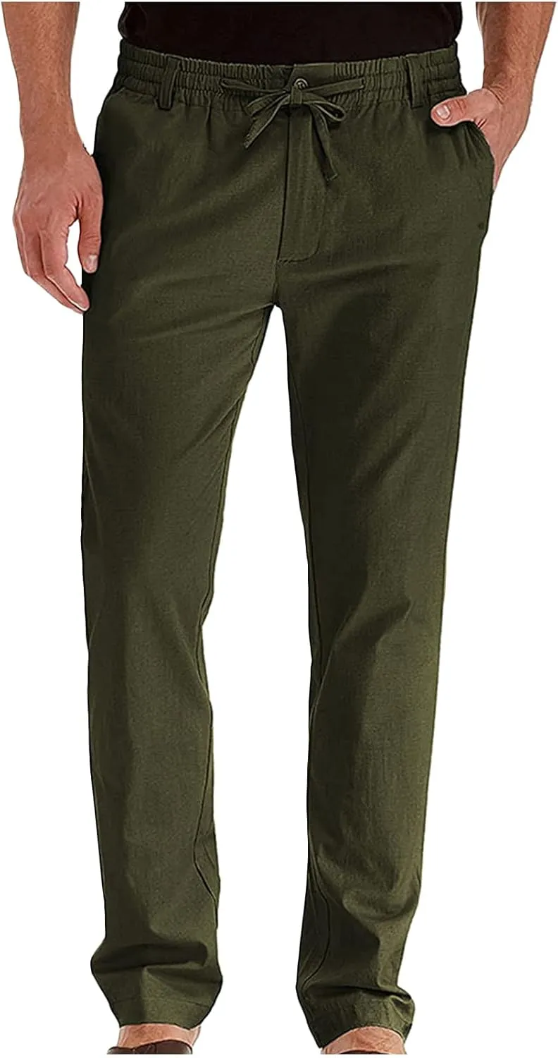 Mens Wild Cotton Pants, Classic Regular Fit Business Casual Work Pants, Elastic Drawstring Waist Twill Pants for Men