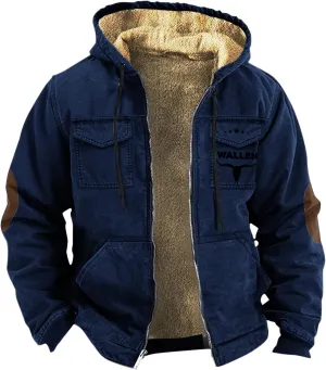 Men'S Winter Coats Plus Thickened Pocket Western Cowboy Printed Hooded Warm Cotton Jacket Fleece Sherpa Lineed