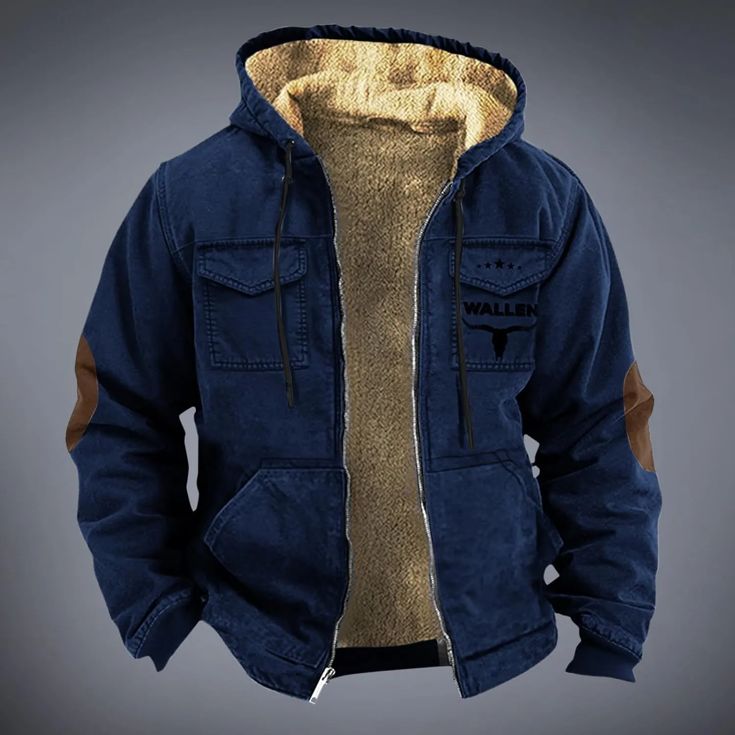 Men'S Winter Coats Plus Thickened Pocket Western Cowboy Printed Hooded Warm Cotton Jacket Fleece Sherpa Lineed