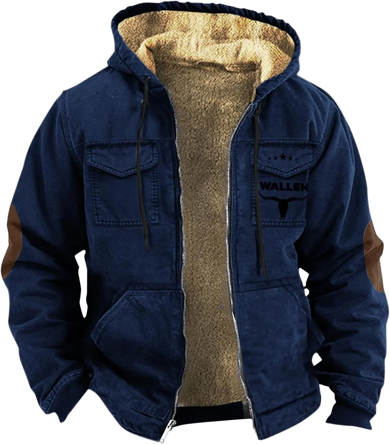 Men'S Winter Coats Plus Thickened Pocket Western Cowboy Printed Hooded Warm Cotton Jacket Fleece Sherpa Lineed