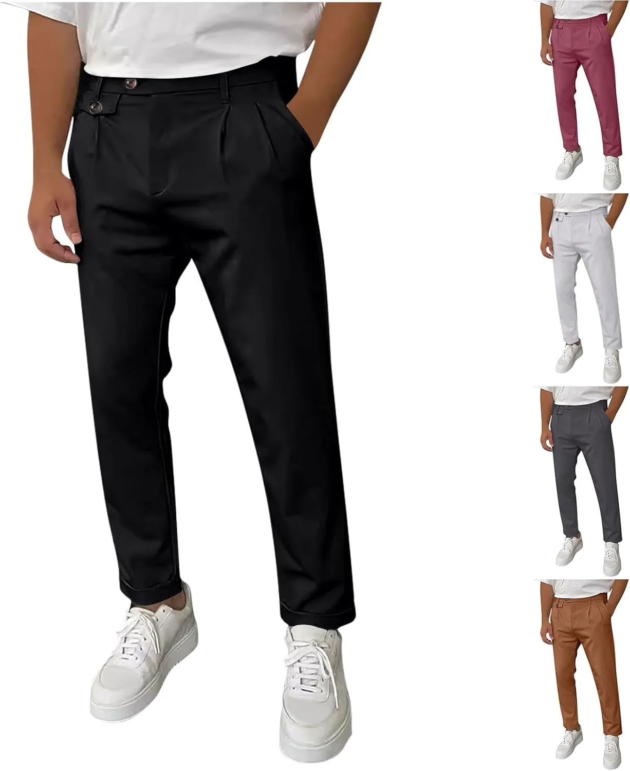 Mens Work Slacks Business Casual Slim Fit Plain Button Up Closure Elastic Waist Straight Pants Lightweight Pants