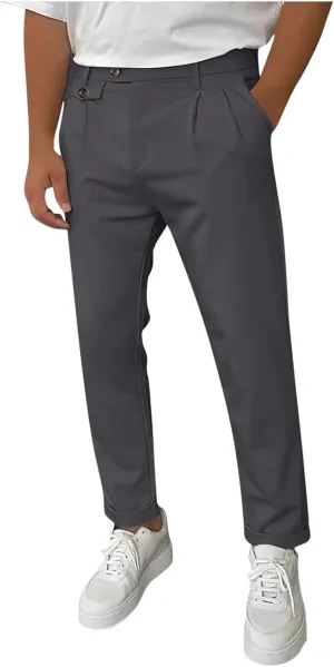 Mens Work Slacks Business Casual Slim Fit Plain Button Up Closure Elastic Waist Straight Pants Lightweight Pants
