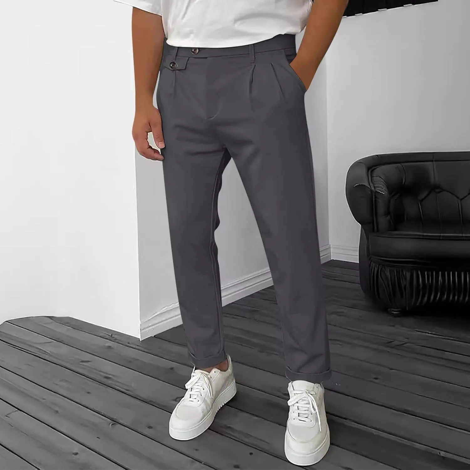 Mens Work Slacks Business Casual Slim Fit Plain Button Up Closure Elastic Waist Straight Pants Lightweight Pants
