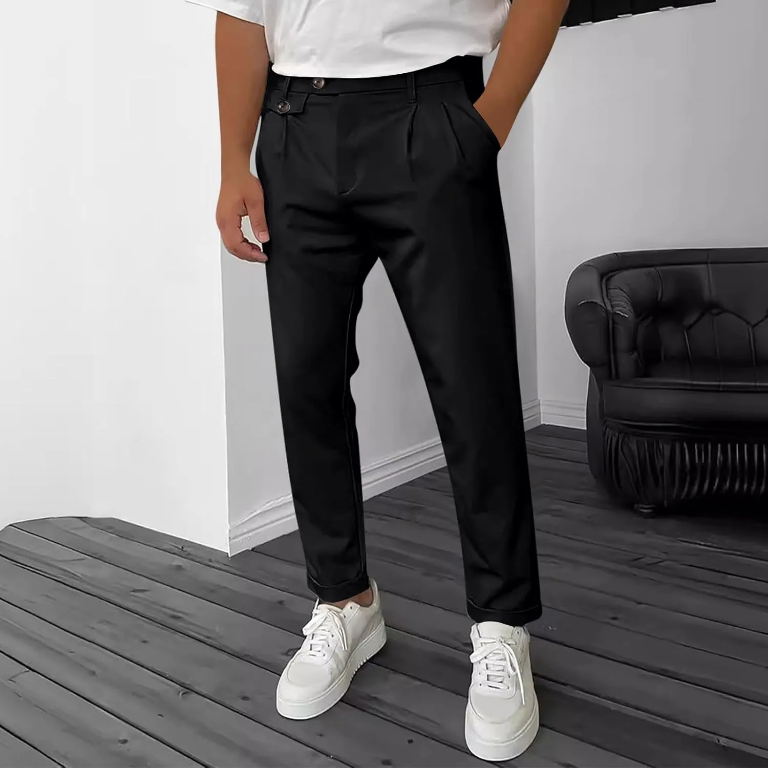 Mens Work Slacks Business Casual Slim Fit Plain Button Up Closure Elastic Waist Straight Pants Lightweight Pants