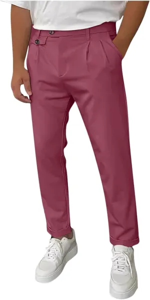 Mens Work Slacks Business Casual Slim Fit Plain Button Up Closure Elastic Waist Straight Pants Lightweight Pants