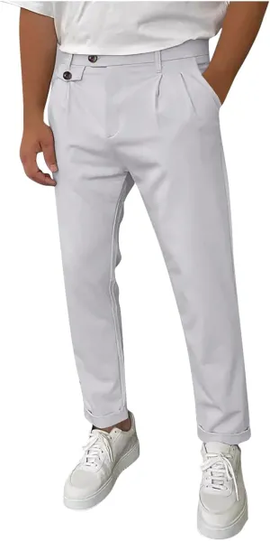 Mens Work Slacks Business Casual Slim Fit Plain Button Up Closure Elastic Waist Straight Pants Lightweight Pants