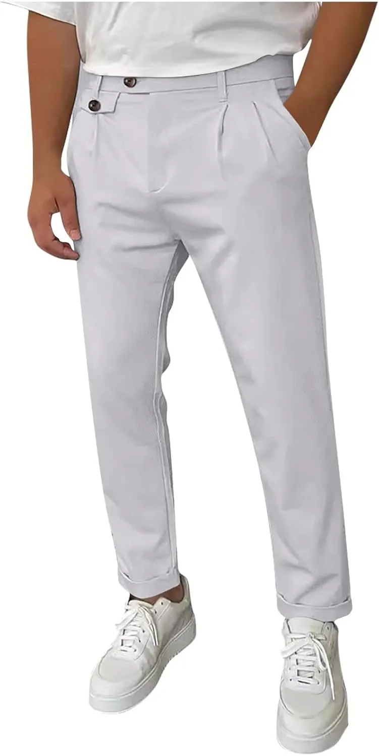Mens Work Slacks Business Casual Slim Fit Plain Button Up Closure Elastic Waist Straight Pants Lightweight Pants