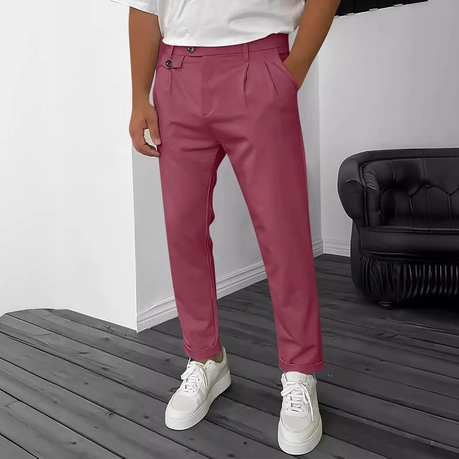 Mens Work Slacks Business Casual Slim Fit Plain Button Up Closure Elastic Waist Straight Pants Lightweight Pants