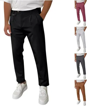 Mens Work Slacks Business Casual Slim Fit Plain Button Up Closure Elastic Waist Straight Pants Lightweight Pants
