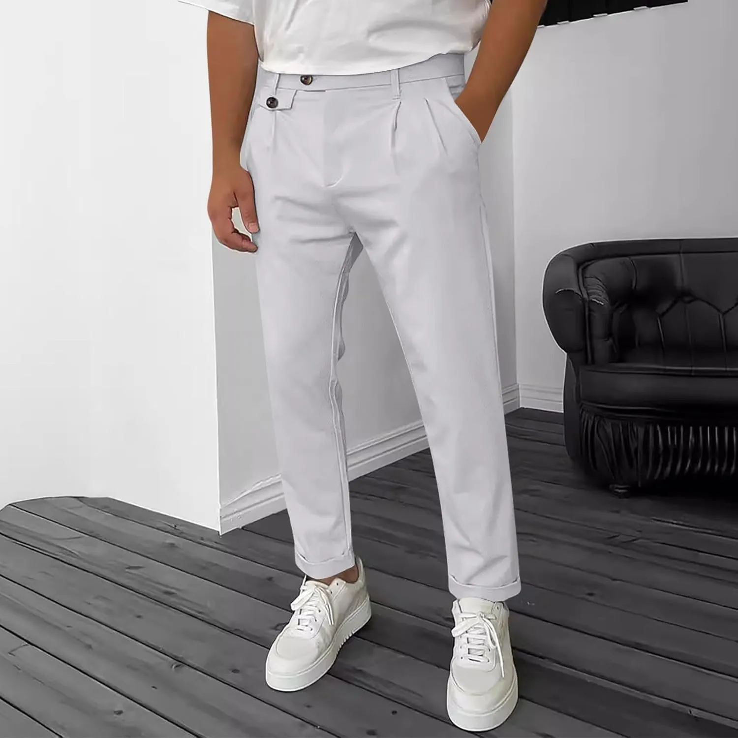 Mens Work Slacks Business Casual Slim Fit Plain Button Up Closure Elastic Waist Straight Pants Lightweight Pants