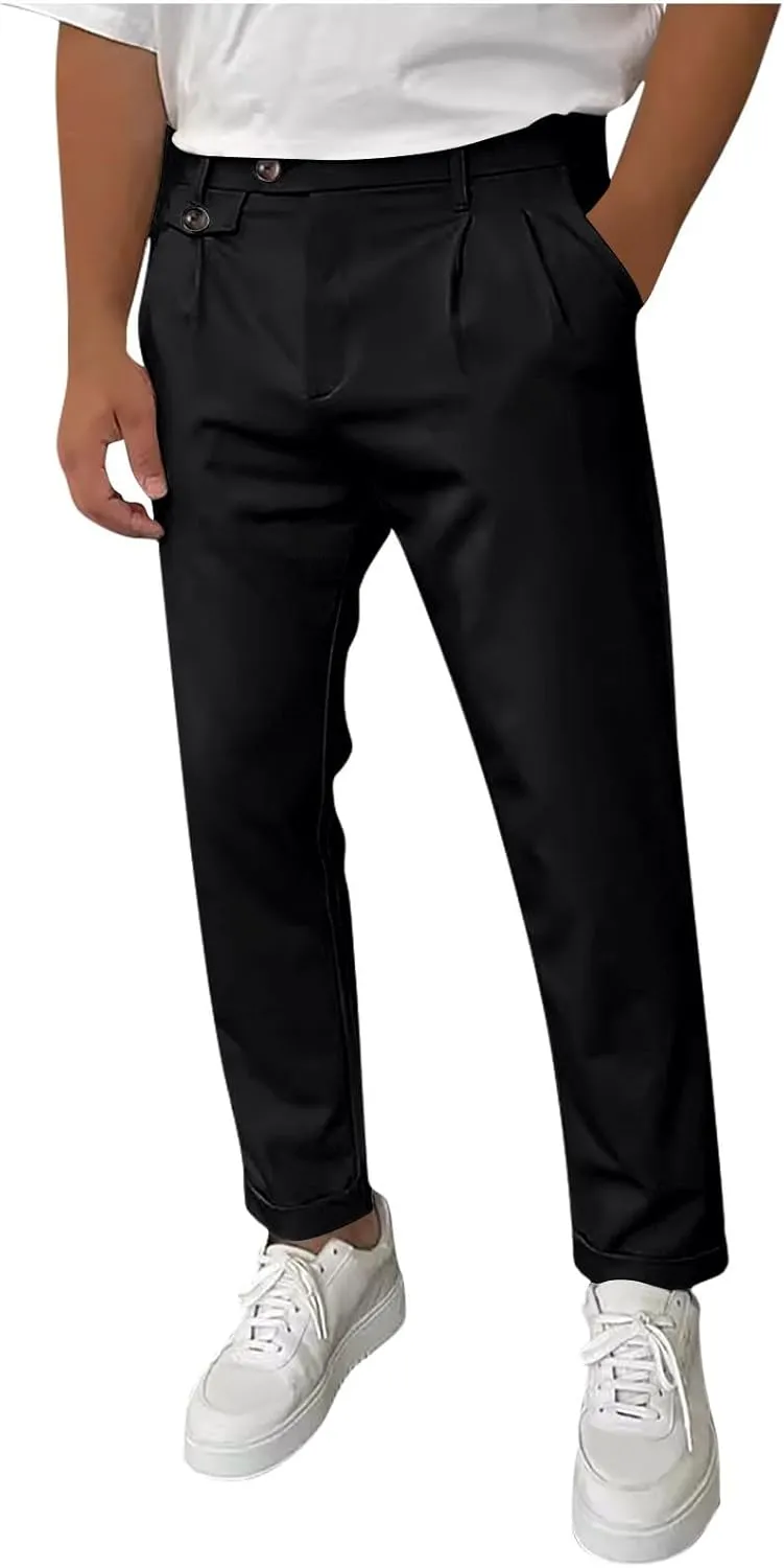 Mens Work Slacks Business Casual Slim Fit Plain Button Up Closure Elastic Waist Straight Pants Lightweight Pants