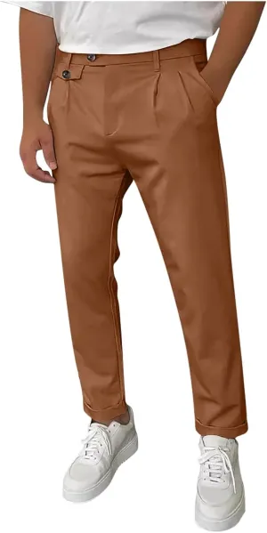 Mens Work Slacks Business Casual Slim Fit Plain Button Up Closure Elastic Waist Straight Pants Lightweight Pants