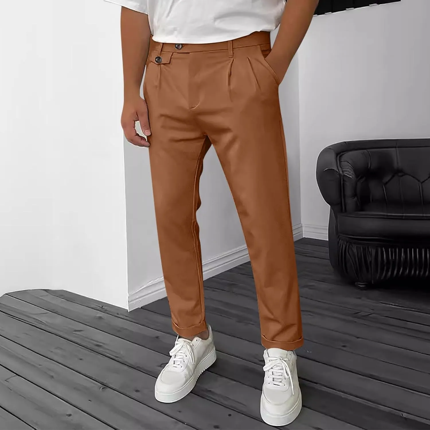Mens Work Slacks Business Casual Slim Fit Plain Button Up Closure Elastic Waist Straight Pants Lightweight Pants