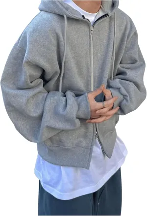 Men's Zip Up Hoodies Long Sleeve Drop Shoulder Drawstring Pullover Sweatshirts Tops Outerwear
