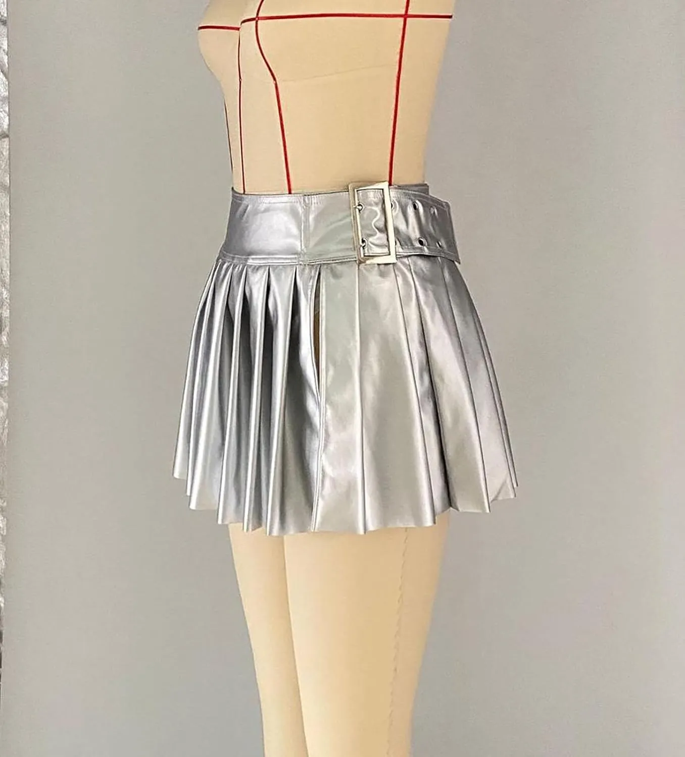 Metallic Pleated A-Line Mini Skirt Women's Low Cut Rave Party Metallic Flared Ruffle Mini Skirt with Slit
