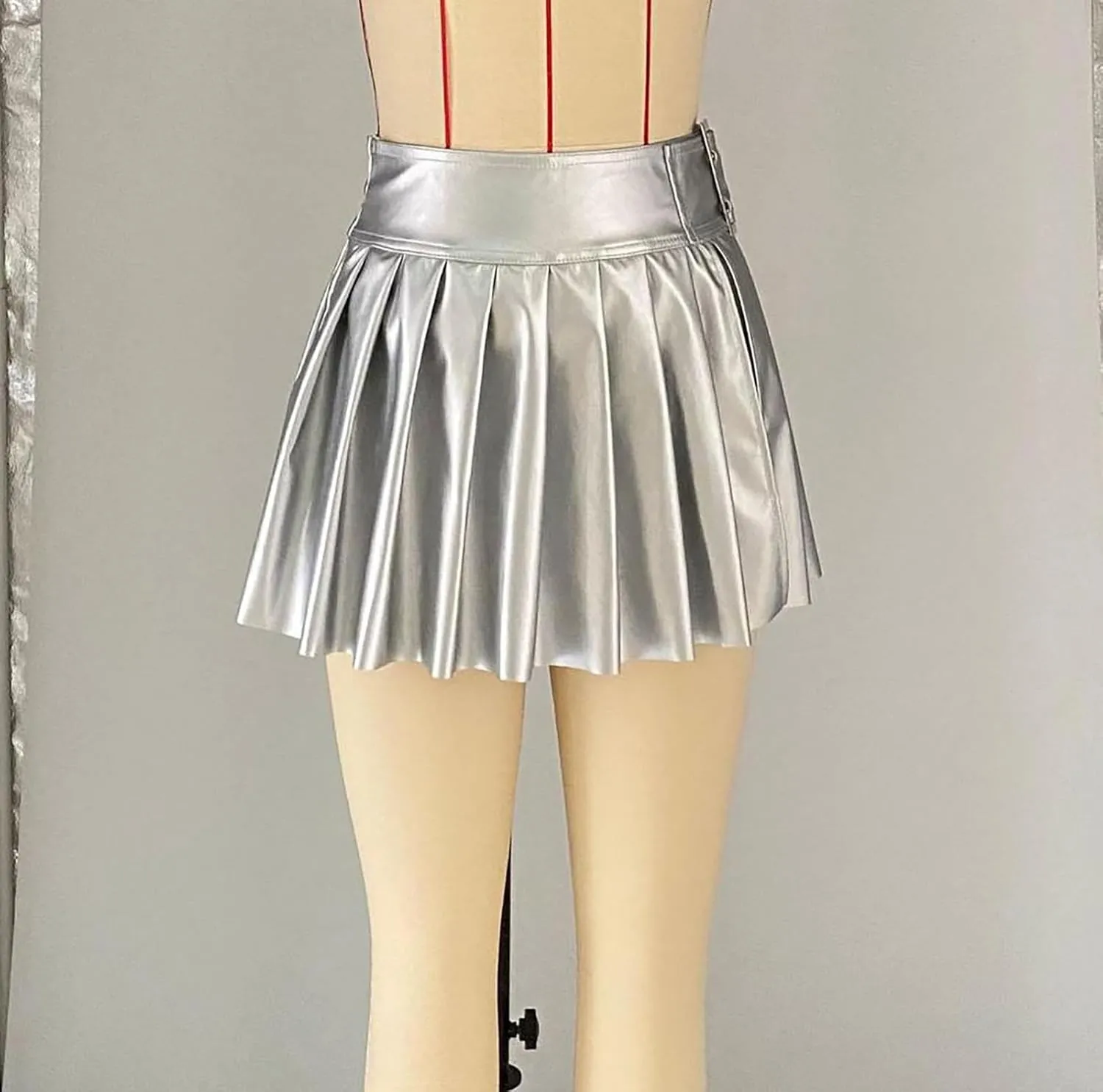 Metallic Pleated A-Line Mini Skirt Women's Low Cut Rave Party Metallic Flared Ruffle Mini Skirt with Slit
