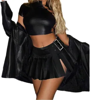 Metallic Pleated A-Line Mini Skirt Women's Low Cut Rave Party Metallic Flared Ruffle Mini Skirt with Slit