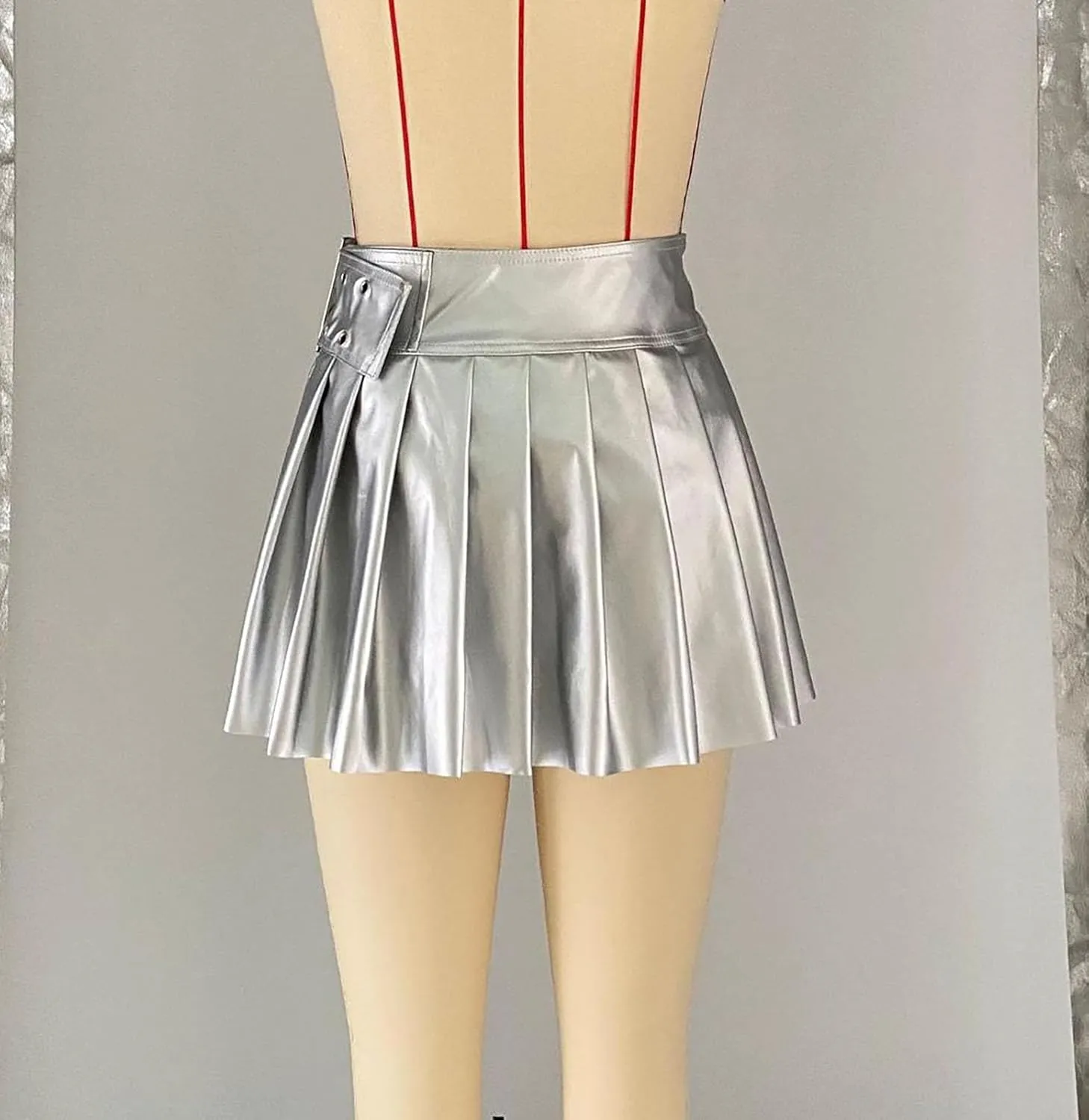 Metallic Pleated A-Line Mini Skirt Women's Low Cut Rave Party Metallic Flared Ruffle Mini Skirt with Slit