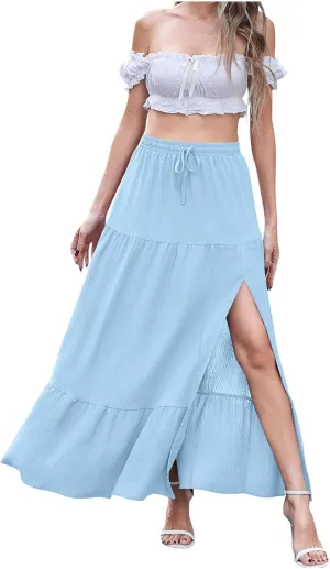 Mid Length Skirts for Women Flowy Ruffle Tiered Casual Elastic Waist Summer Beach Vacation Long Dress with Slit 2025
