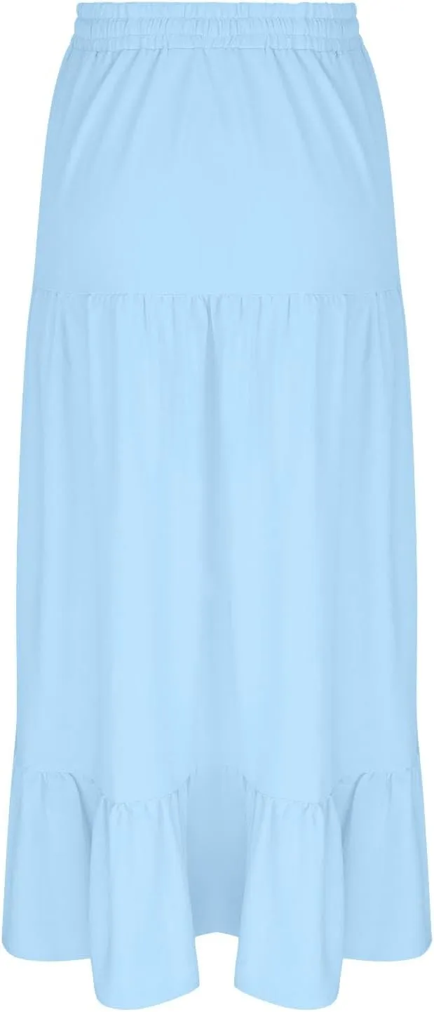 Mid Length Skirts for Women Flowy Ruffle Tiered Casual Elastic Waist Summer Beach Vacation Long Dress with Slit 2025