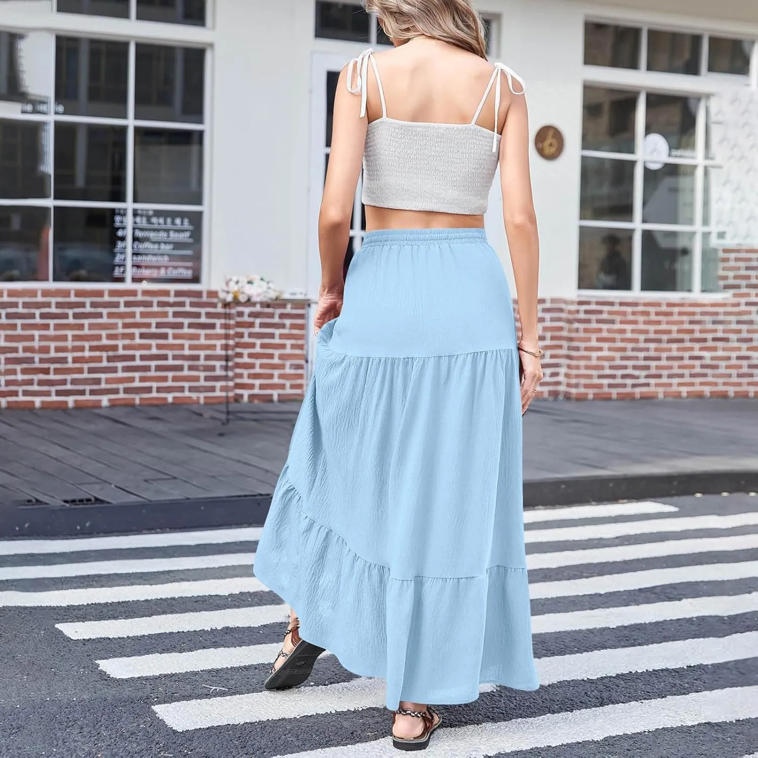 Mid Length Skirts for Women Flowy Ruffle Tiered Casual Elastic Waist Summer Beach Vacation Long Dress with Slit 2025