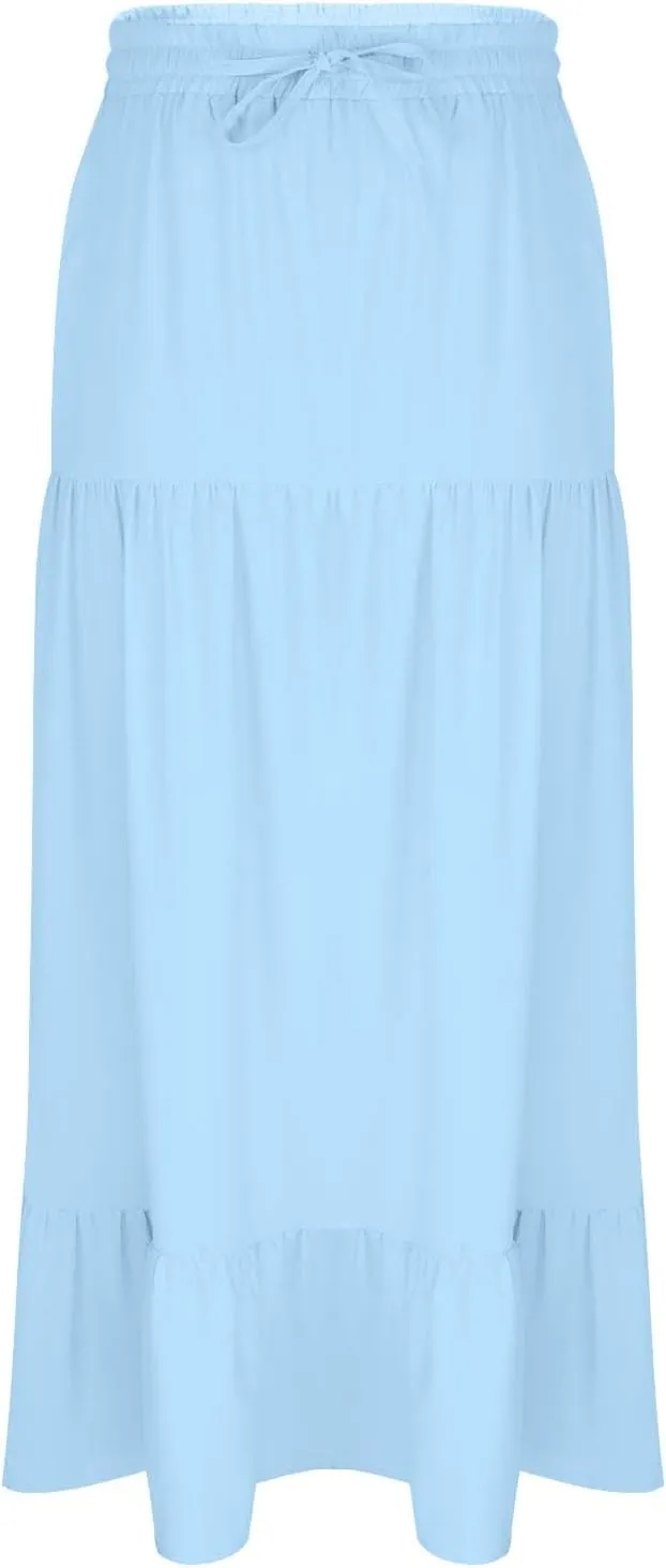 Mid Length Skirts for Women Flowy Ruffle Tiered Casual Elastic Waist Summer Beach Vacation Long Dress with Slit 2025