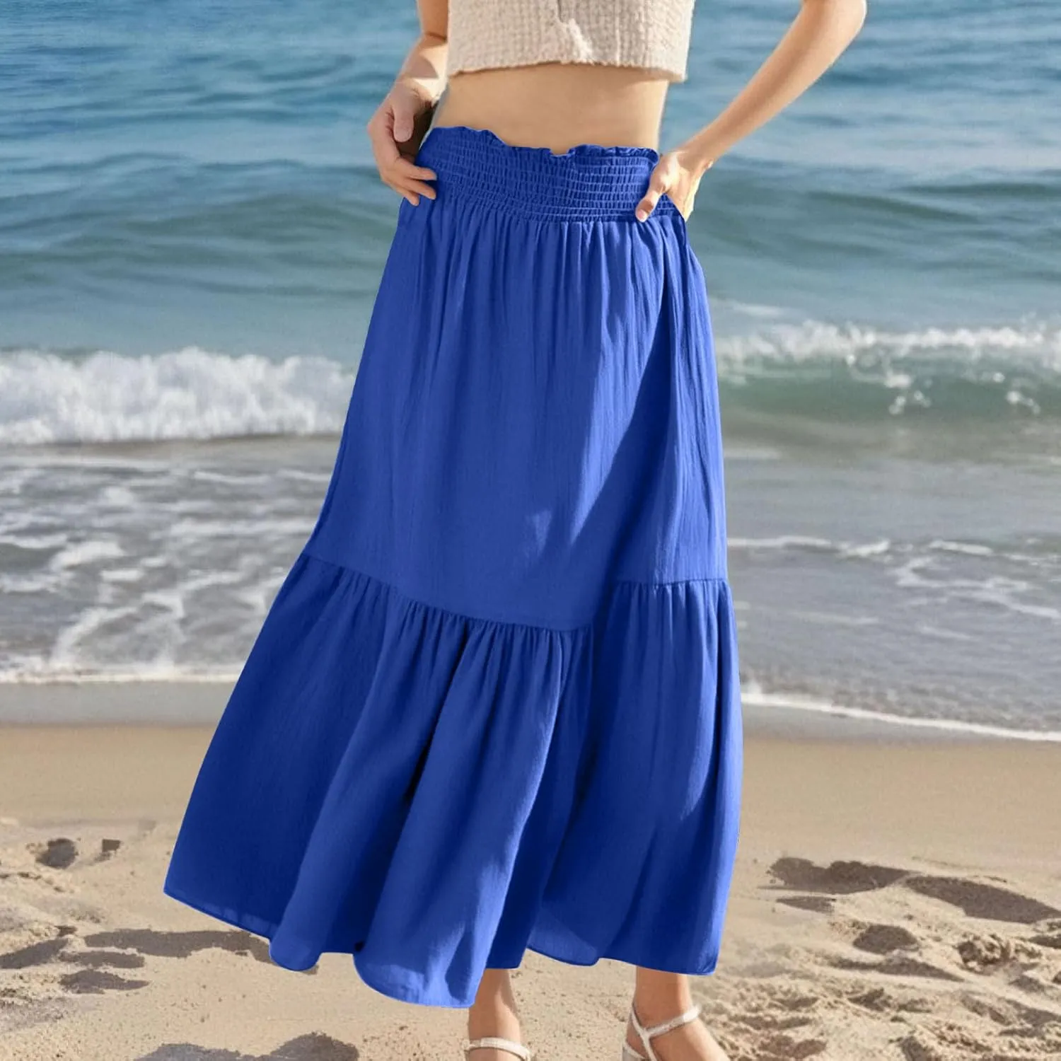 Midi Skirts for Women Summer 2025 A Line High Waist Flowy Pleated Boho Beach Travel Outfit Tiered Ruffle Long Dresses