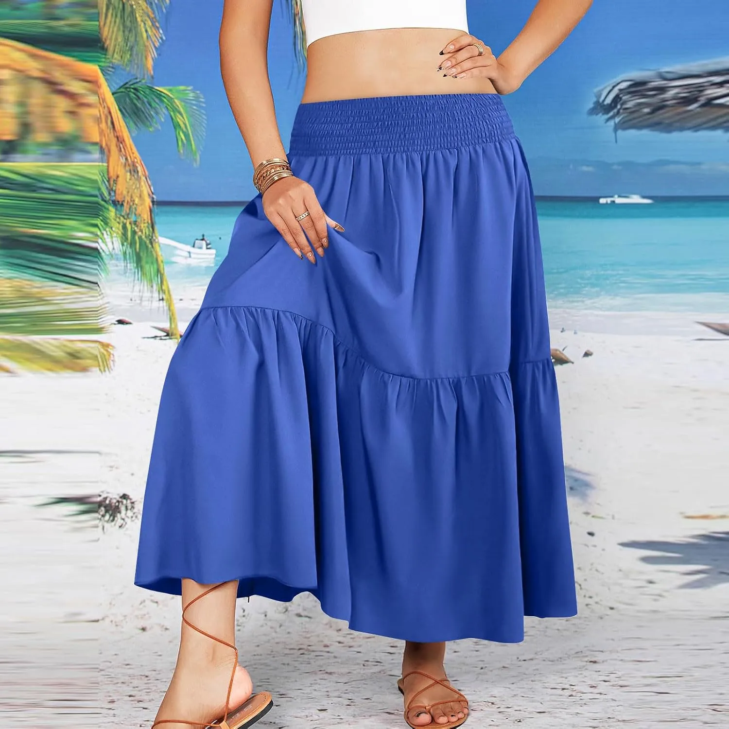 Midi Skirts for Women Summer 2025 A Line High Waist Flowy Pleated Boho Beach Travel Outfit Tiered Ruffle Long Dresses