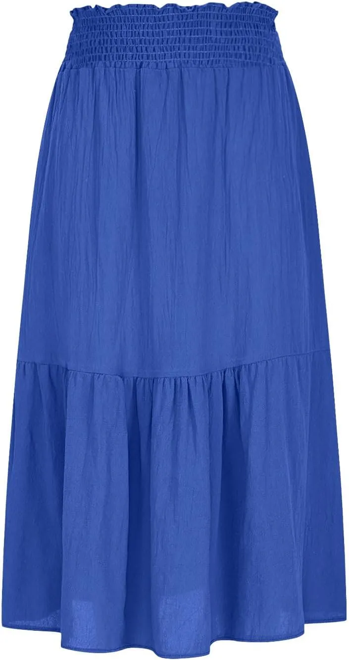 Midi Skirts for Women Summer 2025 A Line High Waist Flowy Pleated Boho Beach Travel Outfit Tiered Ruffle Long Dresses