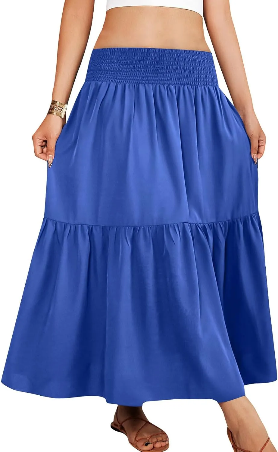 Midi Skirts for Women Summer 2025 A Line High Waist Flowy Pleated Boho Beach Travel Outfit Tiered Ruffle Long Dresses