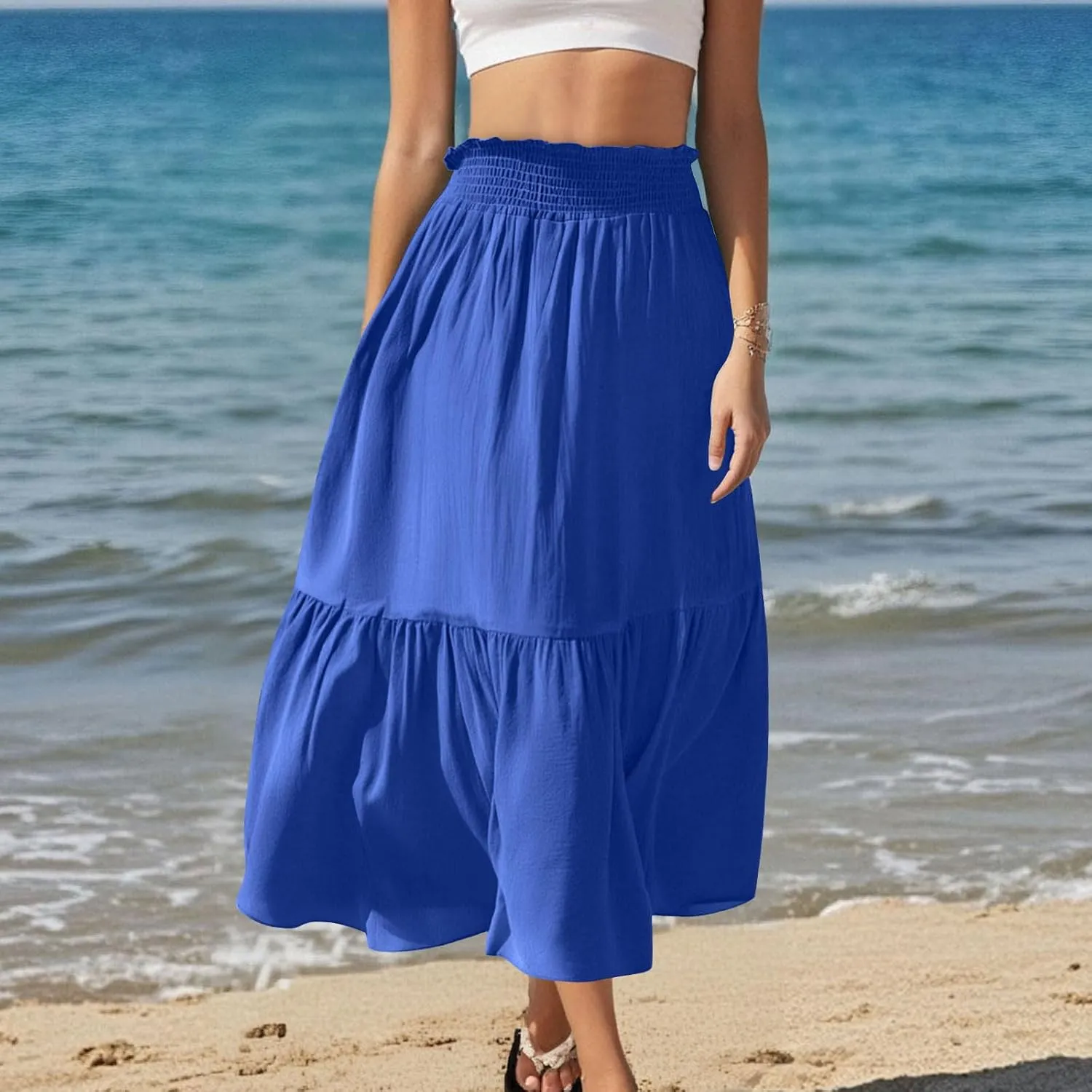 Midi Skirts for Women Summer 2025 A Line High Waist Flowy Pleated Boho Beach Travel Outfit Tiered Ruffle Long Dresses