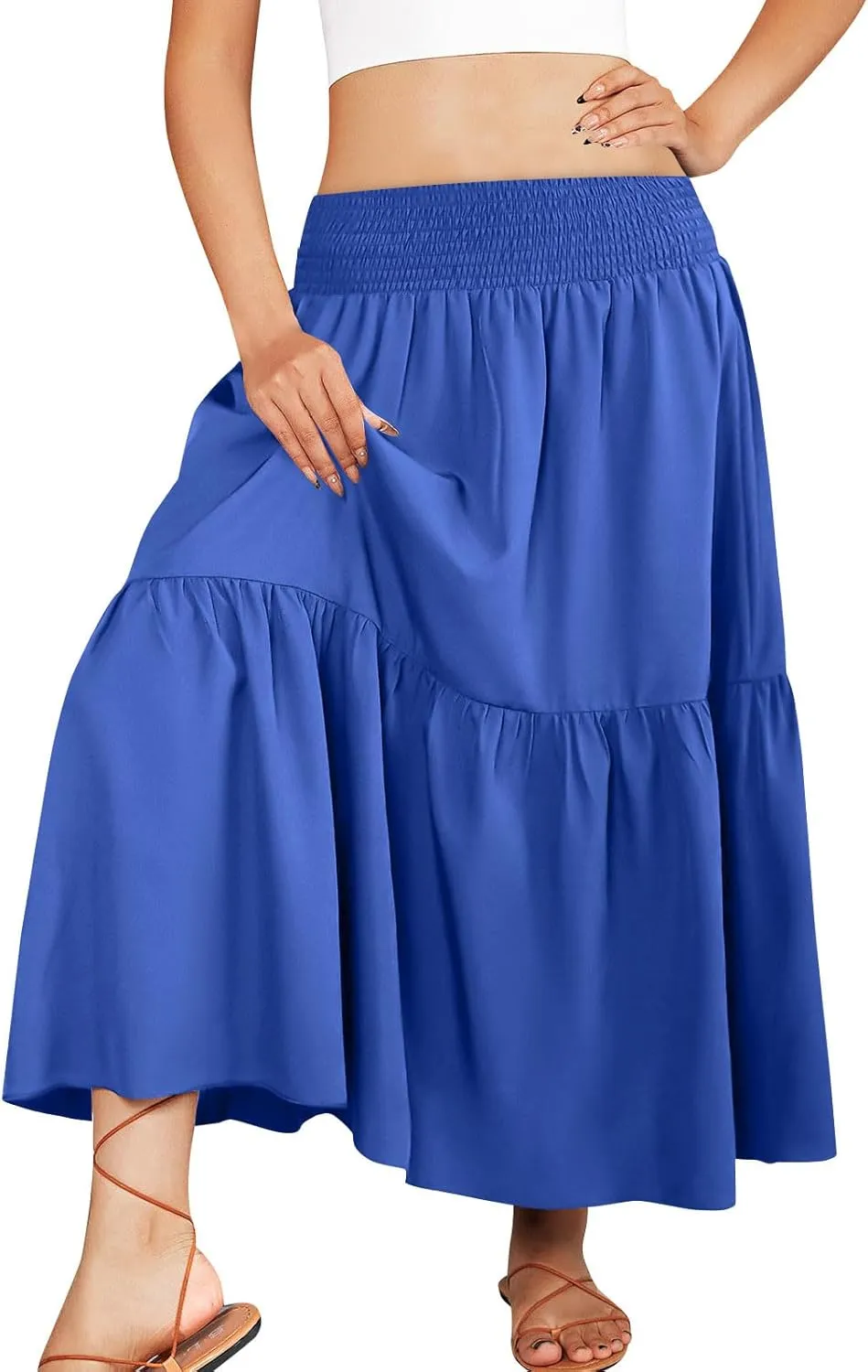 Midi Skirts for Women Summer 2025 A Line High Waist Flowy Pleated Boho Beach Travel Outfit Tiered Ruffle Long Dresses