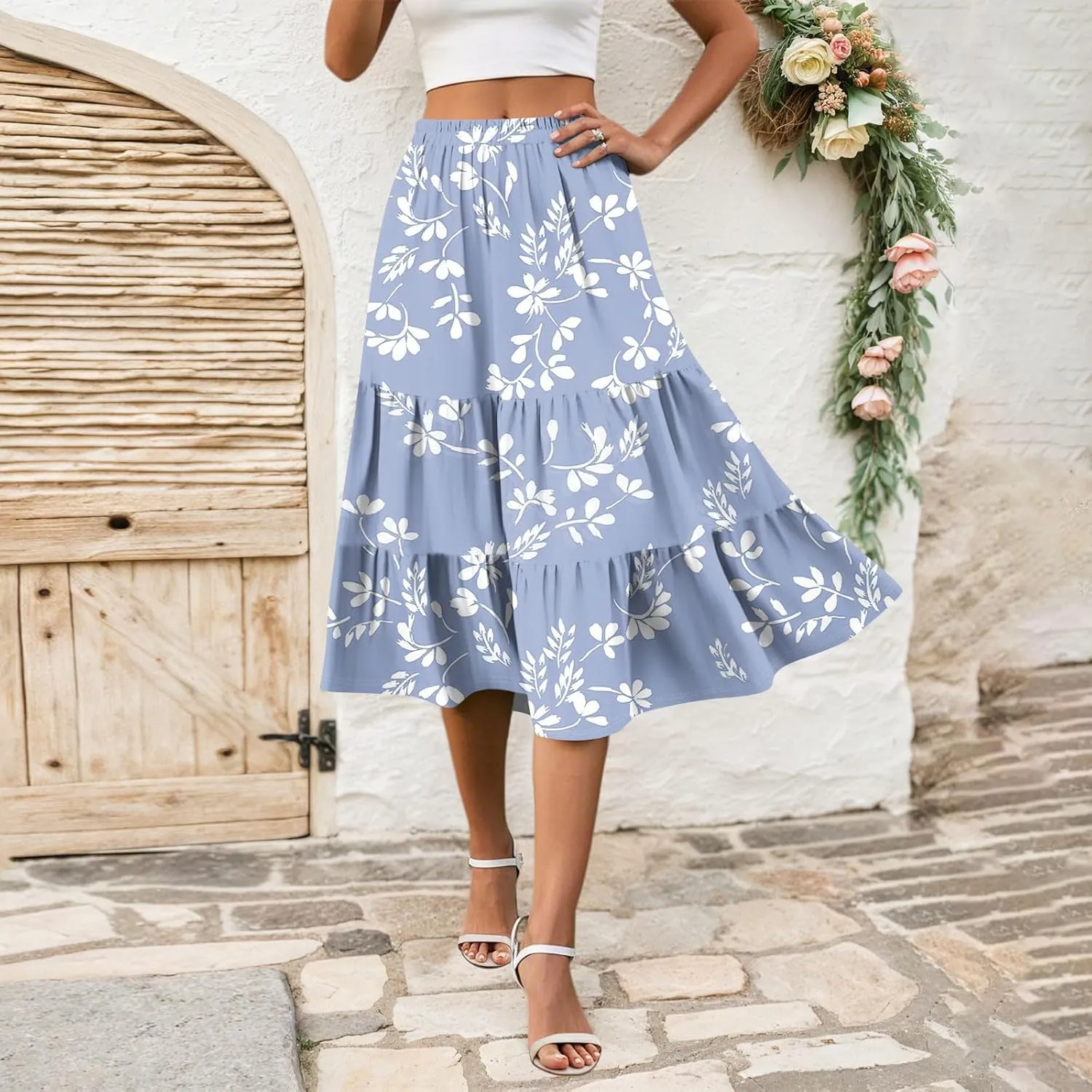 Midi Skirts for Women Summer Elastic High Waisted Floral Skirt Trendy Ruffle Tiered Cute Boho Skirt with Pockets