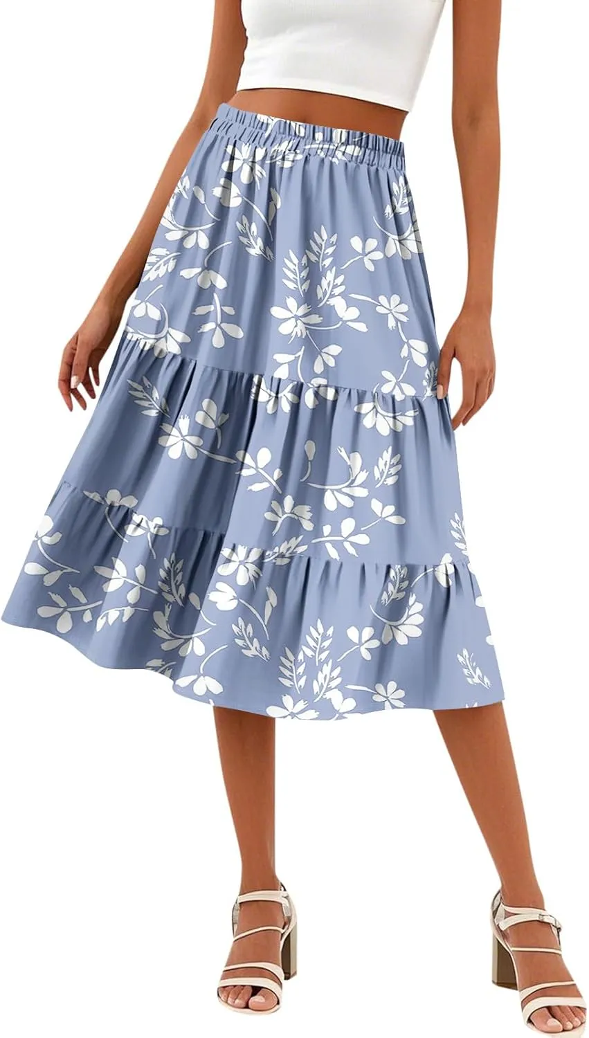 Midi Skirts for Women Summer Elastic High Waisted Floral Skirt Trendy Ruffle Tiered Cute Boho Skirt with Pockets