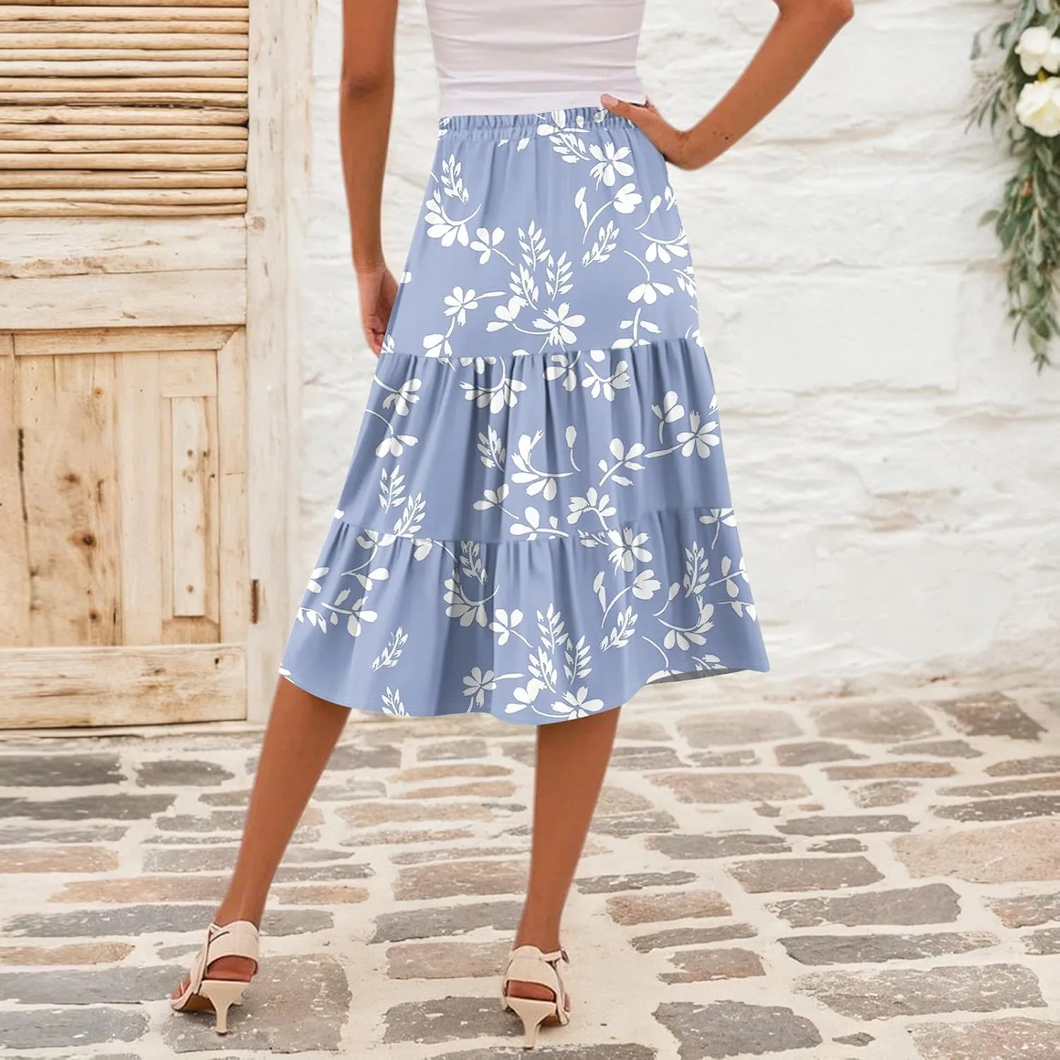 Midi Skirts for Women Summer Elastic High Waisted Floral Skirt Trendy Ruffle Tiered Cute Boho Skirt with Pockets