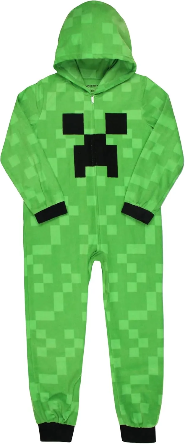 Minecraft Kids Fleece Creeper Hooded Union Suit Zip-Front Footless Sleeper Pajama