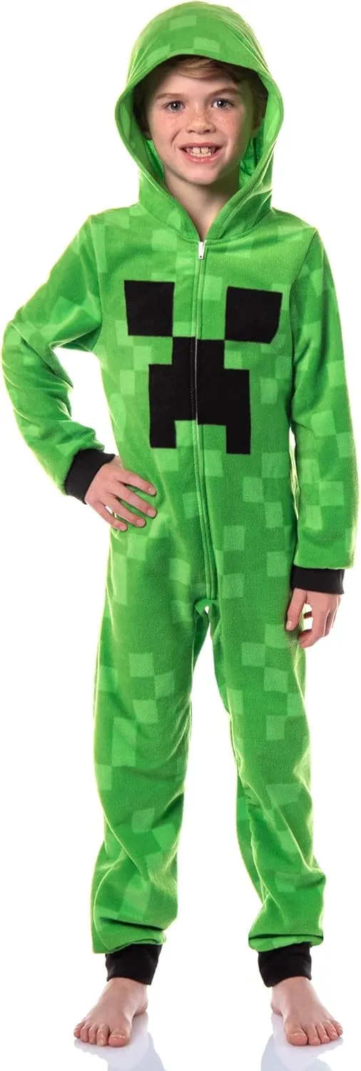 Minecraft Kids Fleece Creeper Hooded Union Suit Zip-Front Footless Sleeper Pajama