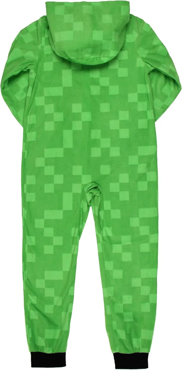 Minecraft Kids Fleece Creeper Hooded Union Suit Zip-Front Footless Sleeper Pajama