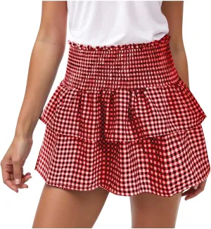 Mini Ruffle Skirt Women Pleated A Line Smocked Plaid Boho Elastic High Waist Layered Y2k Tiered Short Skirts