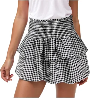 Mini Ruffle Skirt Women Pleated A Line Smocked Plaid Boho Elastic High Waist Layered Y2k Tiered Short Skirts